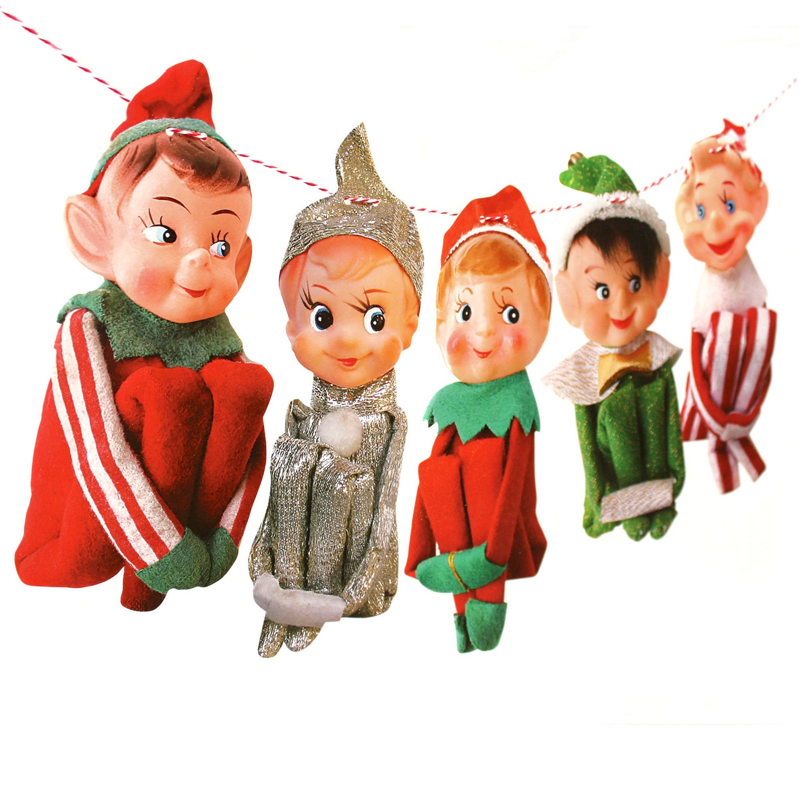 Vintage Christmas Elves Banner - photo reproductions on card stock - vintage Knee-Hugger Elf Pixie Garland - kitsch Christmas